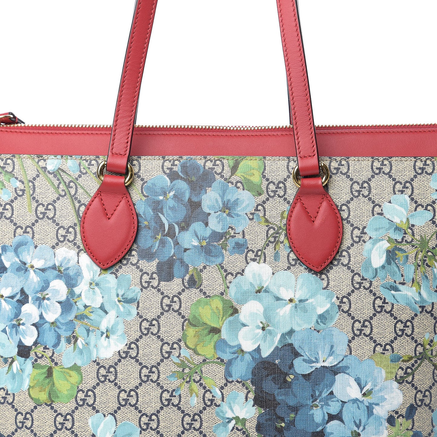 GG Supreme Monogram Blooms Medium Zippered Bucket Tote Beige Blue Navy Hibiscus Red