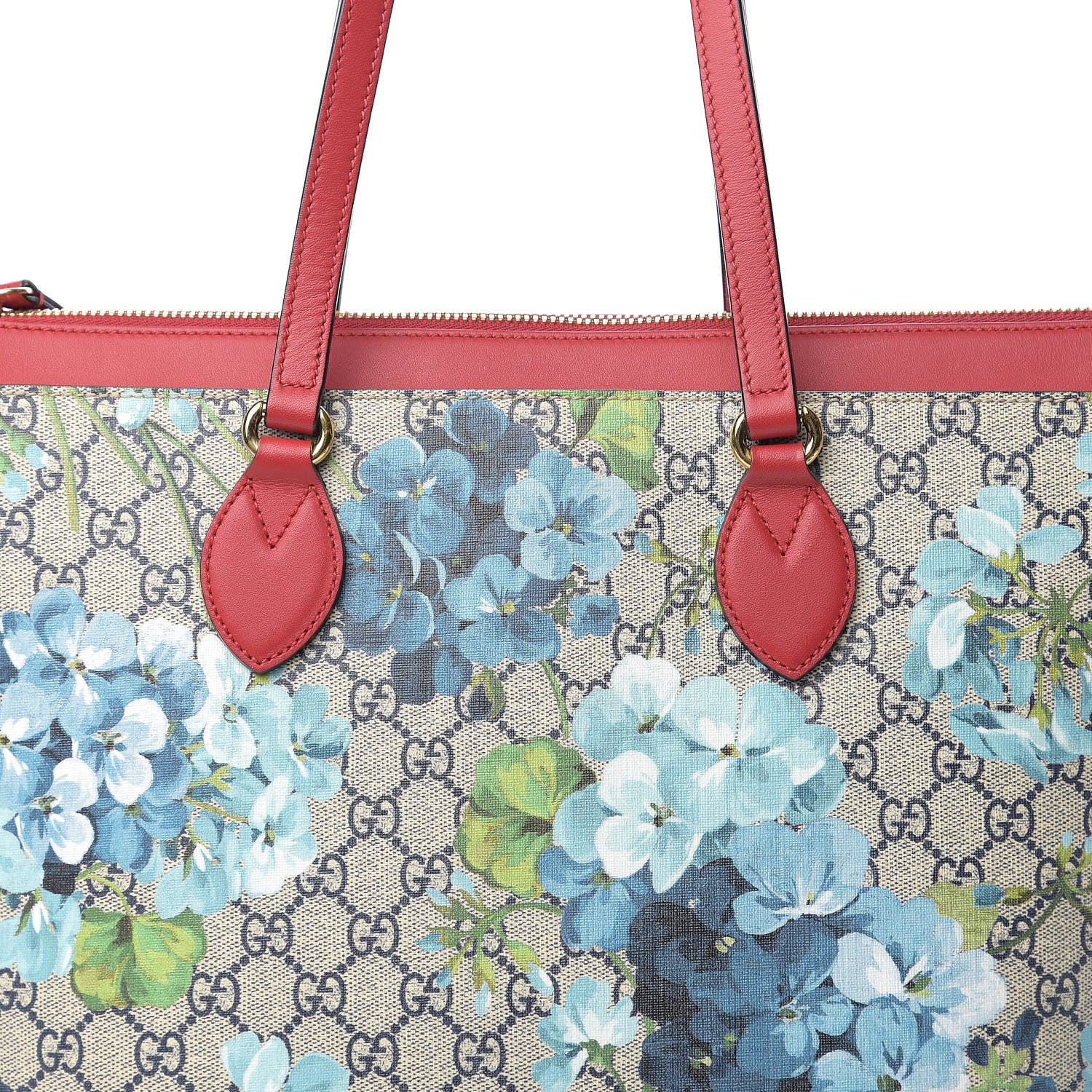 Gucci GG Supreme Monogram Blooms Medium Zippered Bucket Tote Beige Blue Navy Hibiscus Red 9 of 9