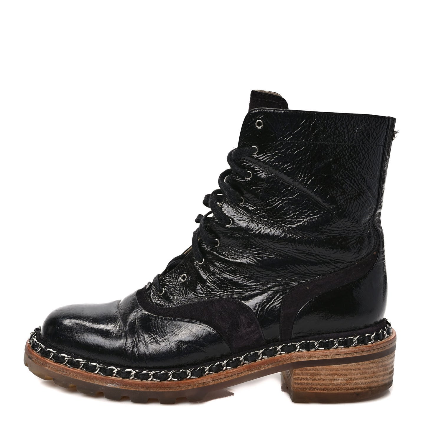 Patent Lace Up Chain Boots 40 Black