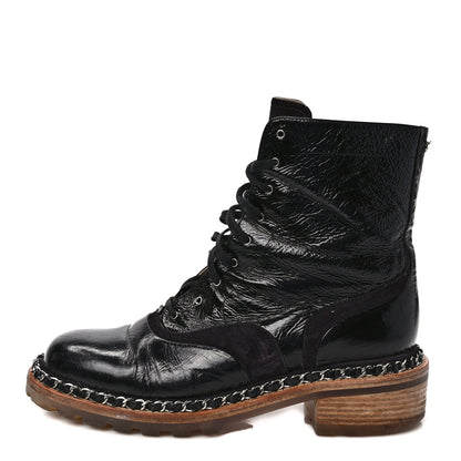 Chanel Patent Lace Up Chain Boots 40 Black 1 of 9