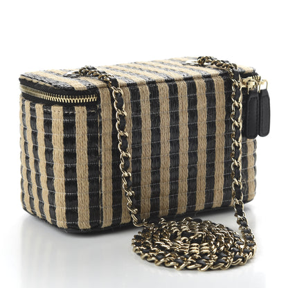 Chanel Raffia Jute Striped Small Vanity Case With Chain Black Beige 3 of 11