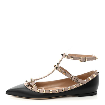 Valentino Garavani Calfskin Nappa Rockstud Cage Ballerina Flats 38 Black Poudre 1 of 8