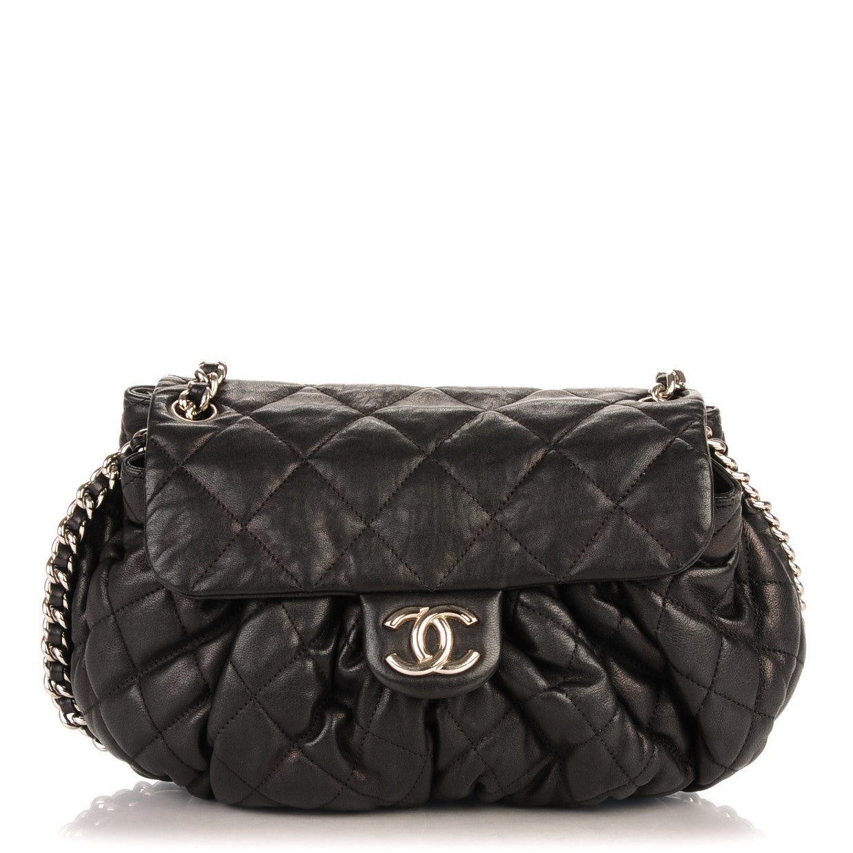 Washed Lambskin Quilted Medium Chain Around Messenger Black