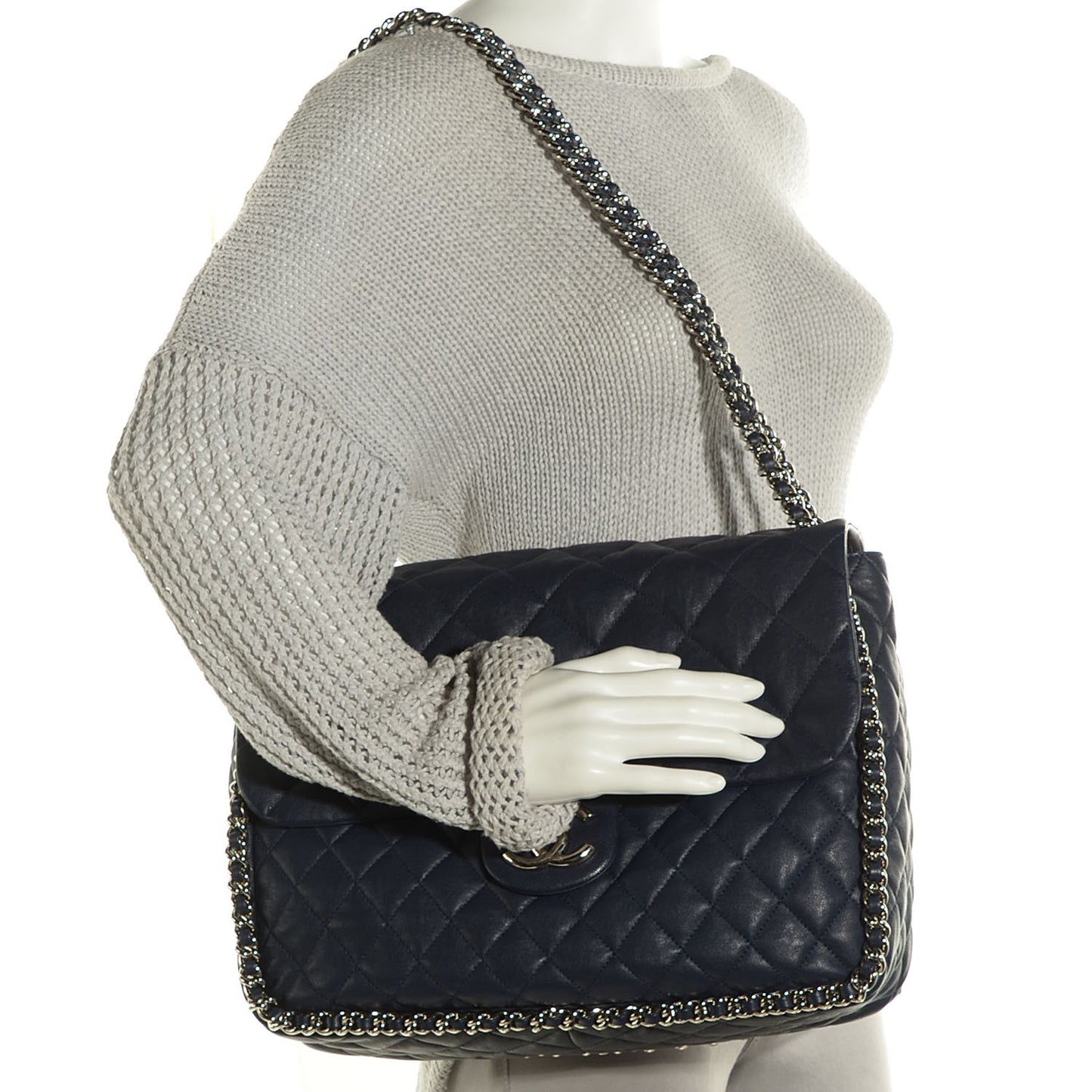 Washed Lambskin Quilted Chain Around Maxi Flap Dark Navy Blue