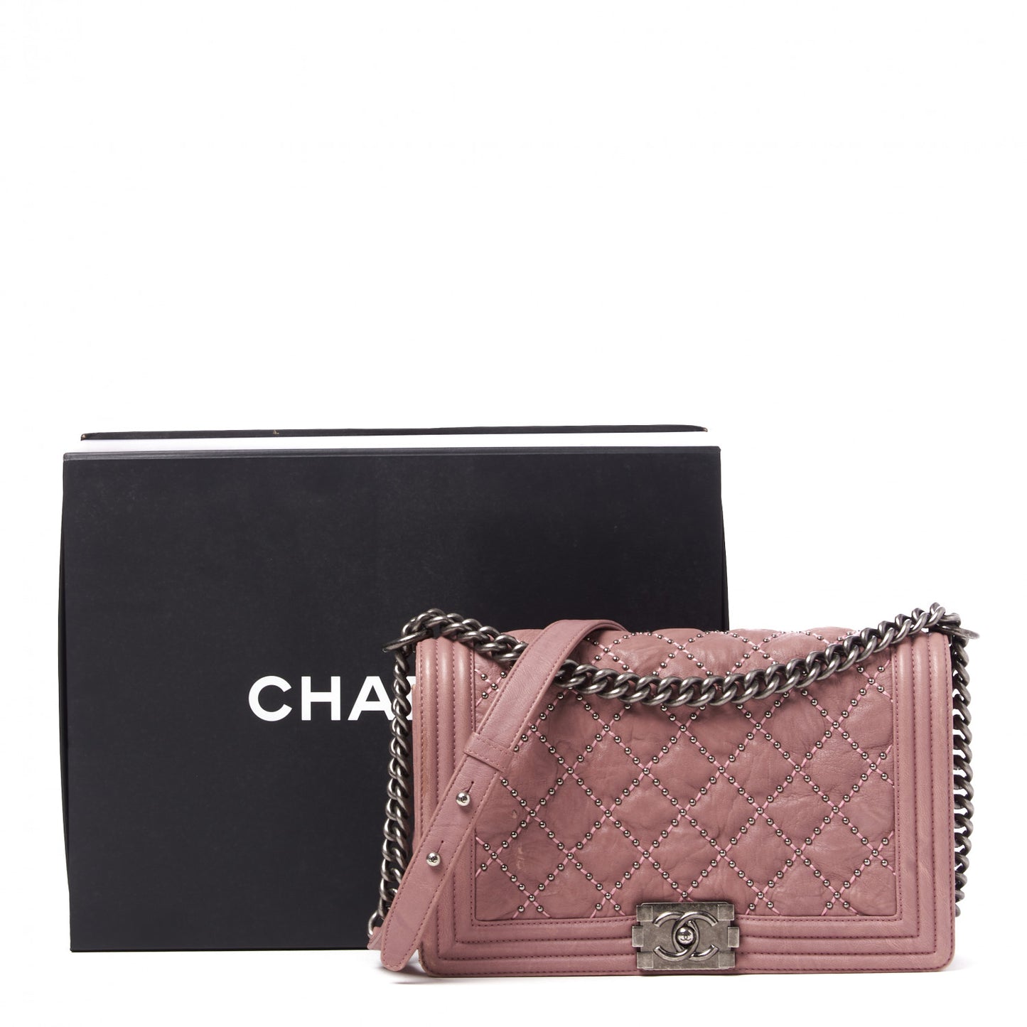 Crumpled Lambskin New Medium Studded Boy Flap Dark Pink