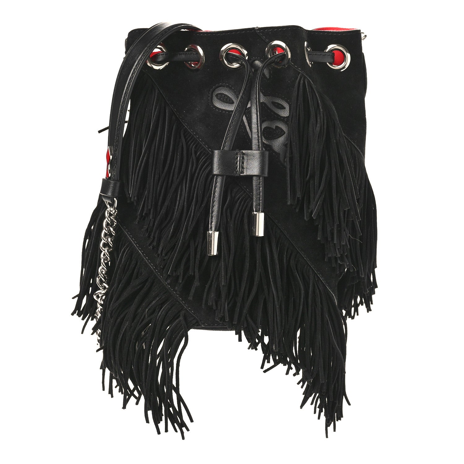 Christian Louboutin Suede Calfskin Fringe Marie Jane Bucket Black 1 of 8