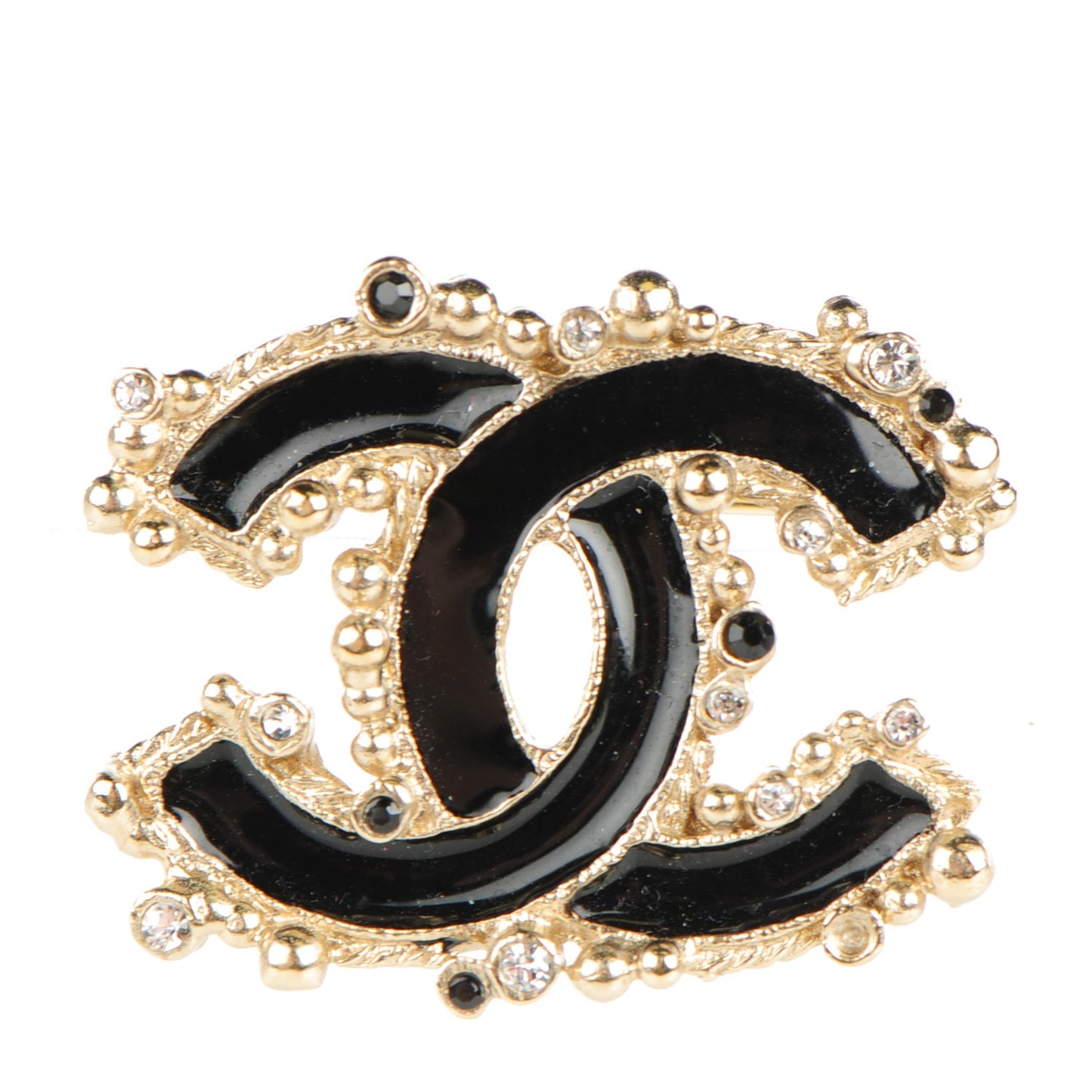 Enamel Crystal CC Brooch Black Gold