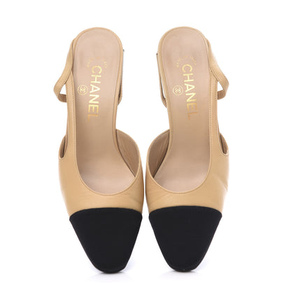 Chanel Goatskin Grosgrain Cap Toe CC Slingback Pumps 36.5 Beige Black 5 of 12