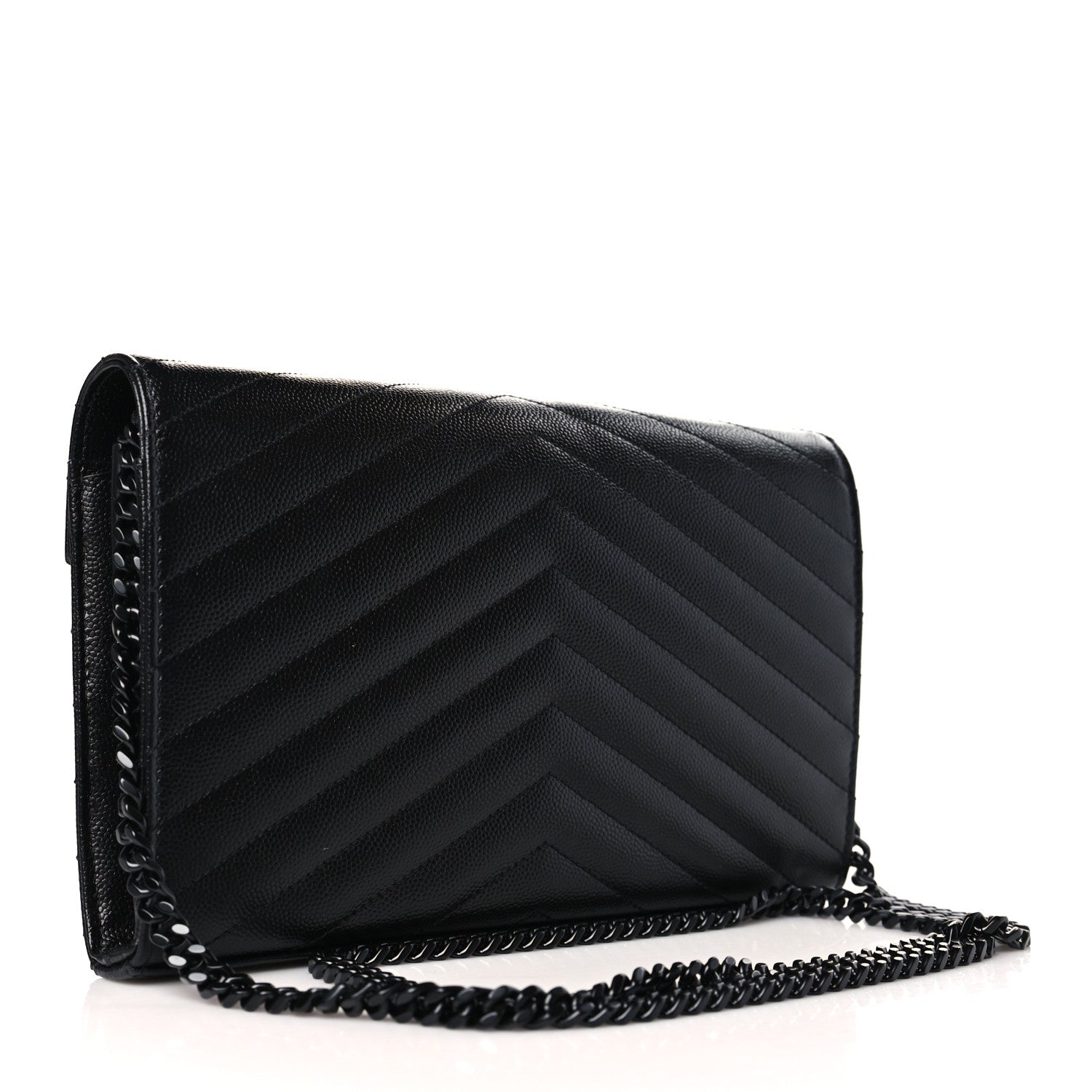 Saint Laurent Grain De Poudre Matelasse Chevron Monogram Monochrome Chain Wallet Black 3 of 9