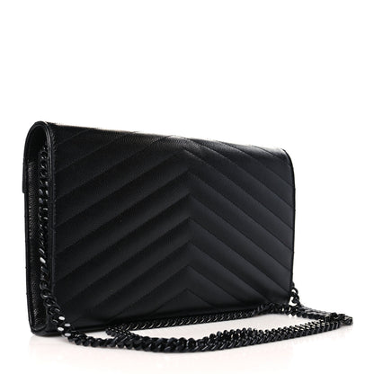 Saint Laurent Grain De Poudre Matelasse Chevron Monogram Monochrome Chain Wallet Black 3 of 9
