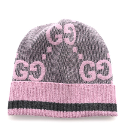 Gucci Cashmere Jacquard Monogram Jumbo GG Canvy Hat Beanie Hat M Graphite Pink 1 of 7