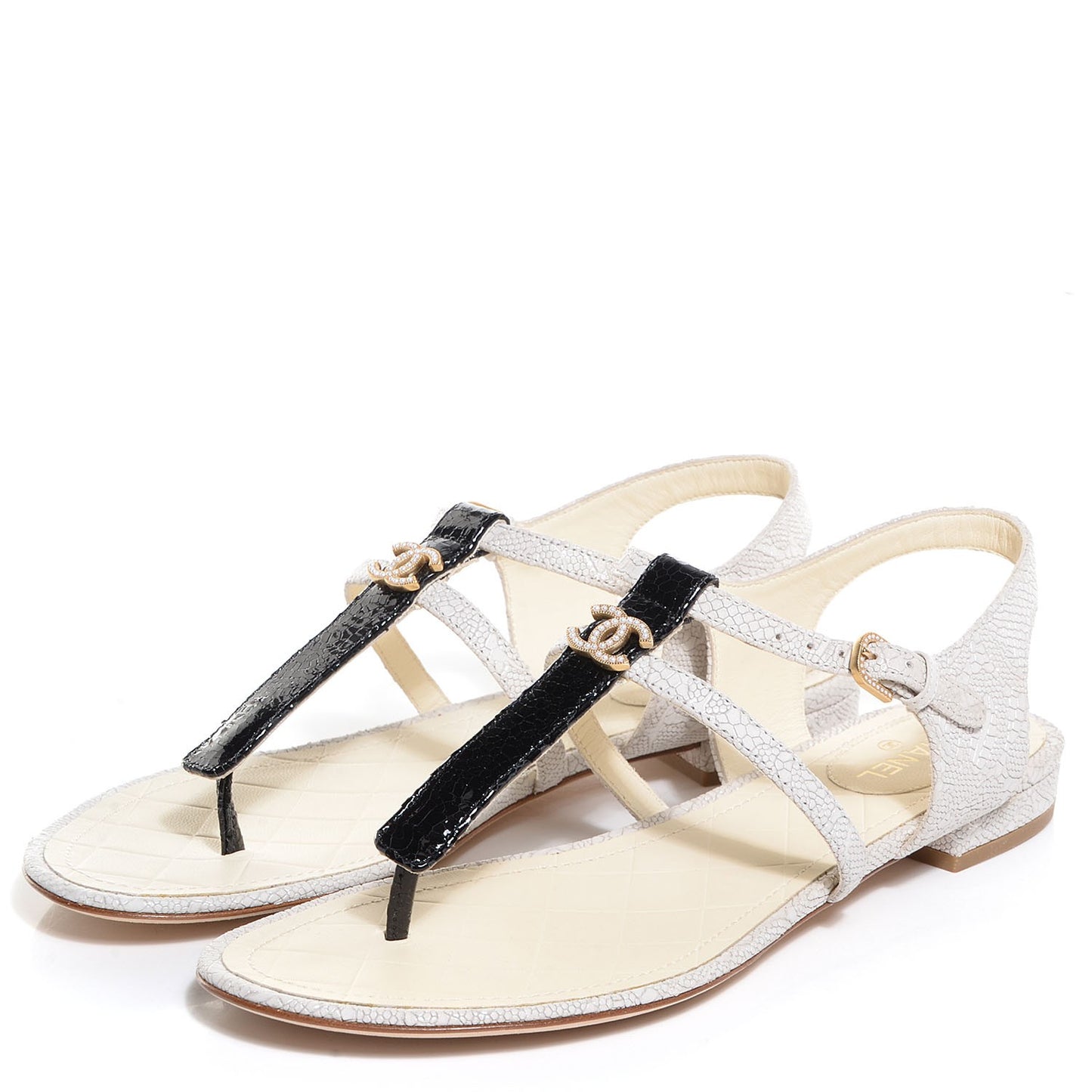 Calfskin Pearl CC Sandals 38 Black White