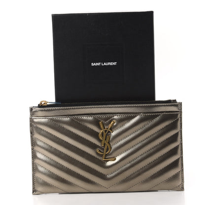 Saint Laurent Metallic Grain De Poudre Matelasse Chevron Monogram Bill Pouch Piombo 8 of 8
