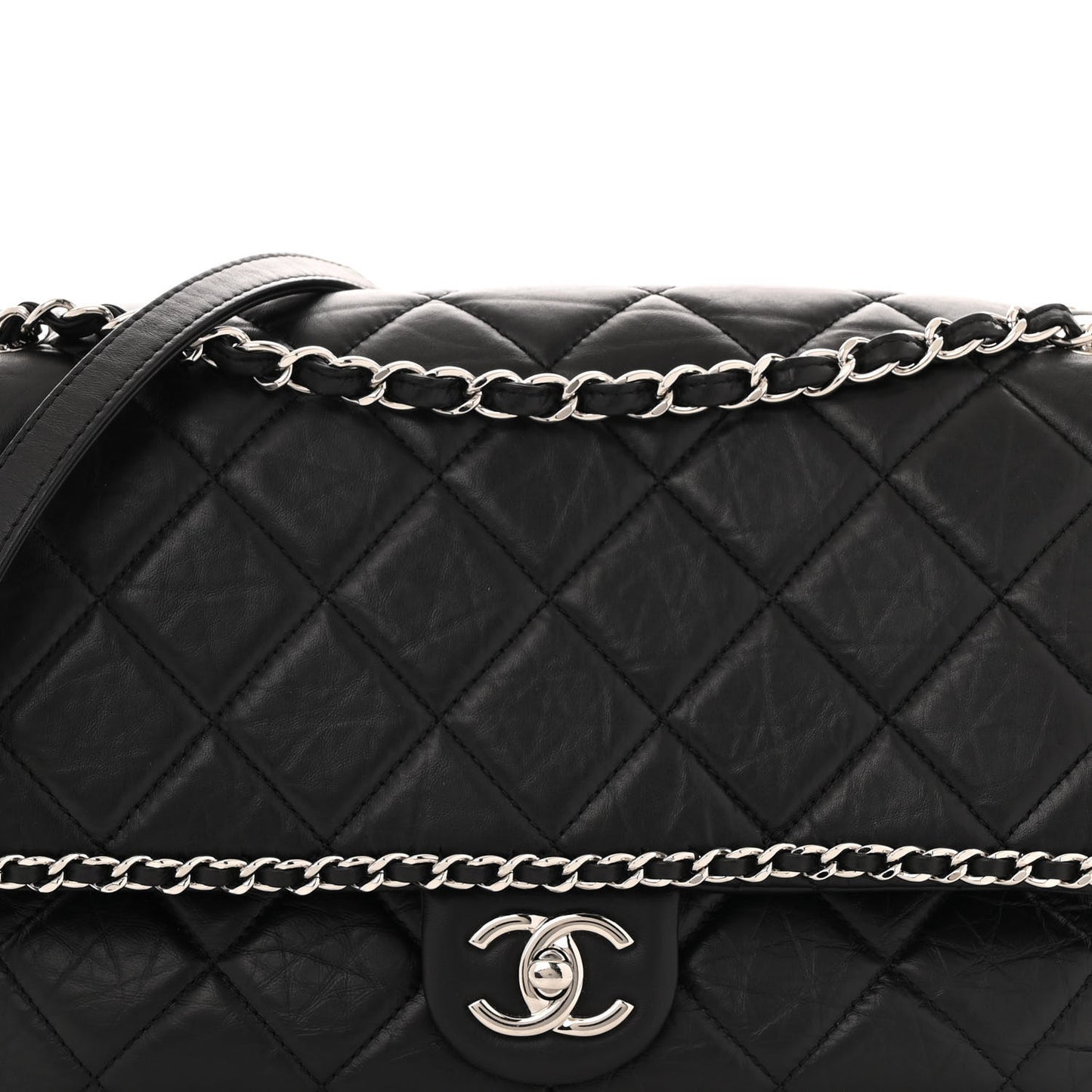Crumpled Calfskin Quilted Large Chain All Over Flap Bag Black