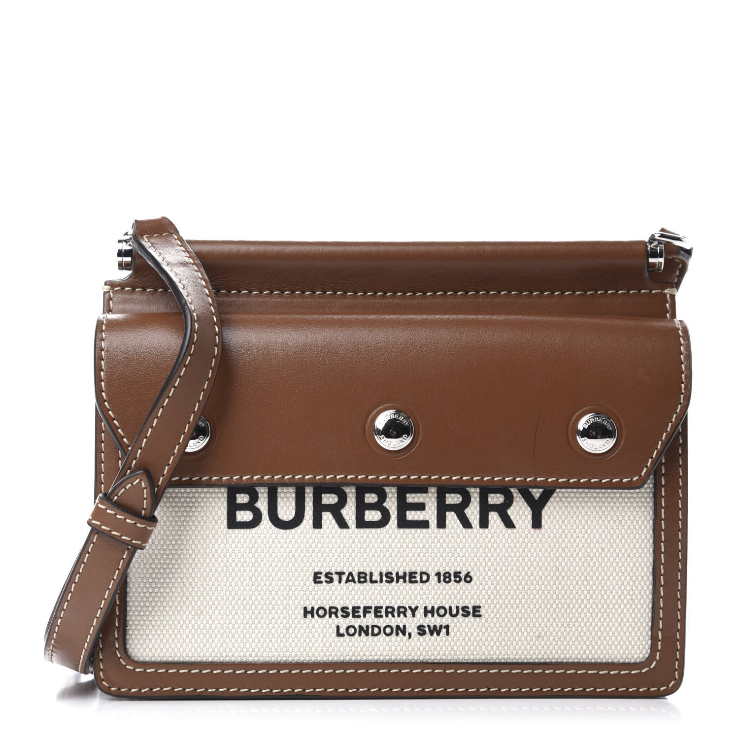 Burberry Smooth Calfskin Canvas Horseferry Print Mini Title Bag with Pocket Natural Malt Brown 1 of 10