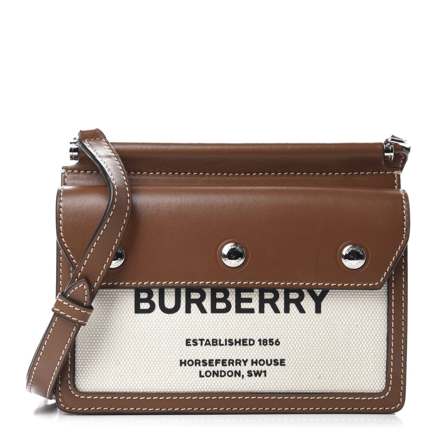 Smooth Calfskin Canvas Horseferry Print Mini Title Bag with Pocket Natural Malt Brown