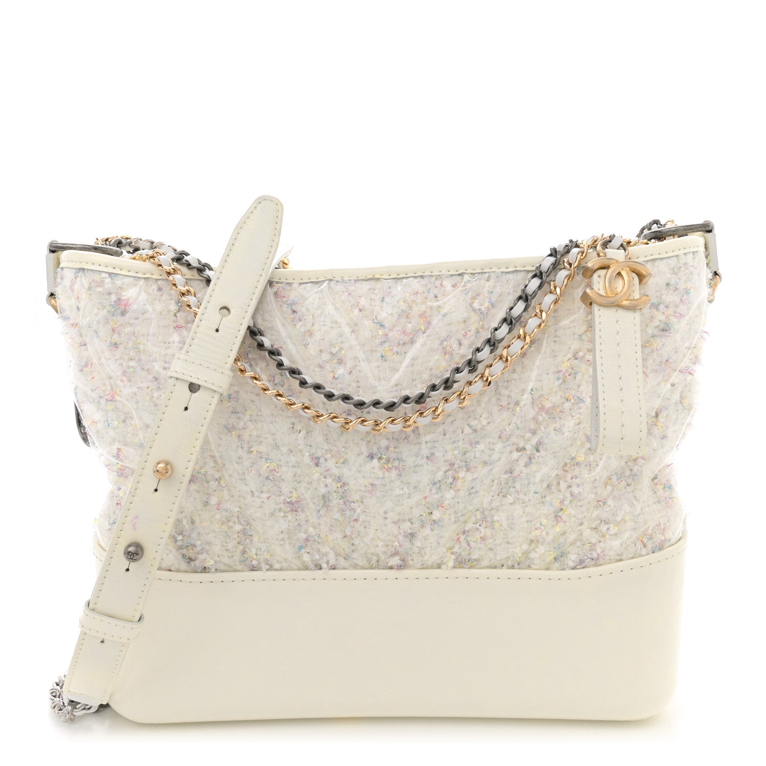 Chanel Tweed PVC Patent Chevron Quilted Medium Gabrielle Hobo White 1 of 15