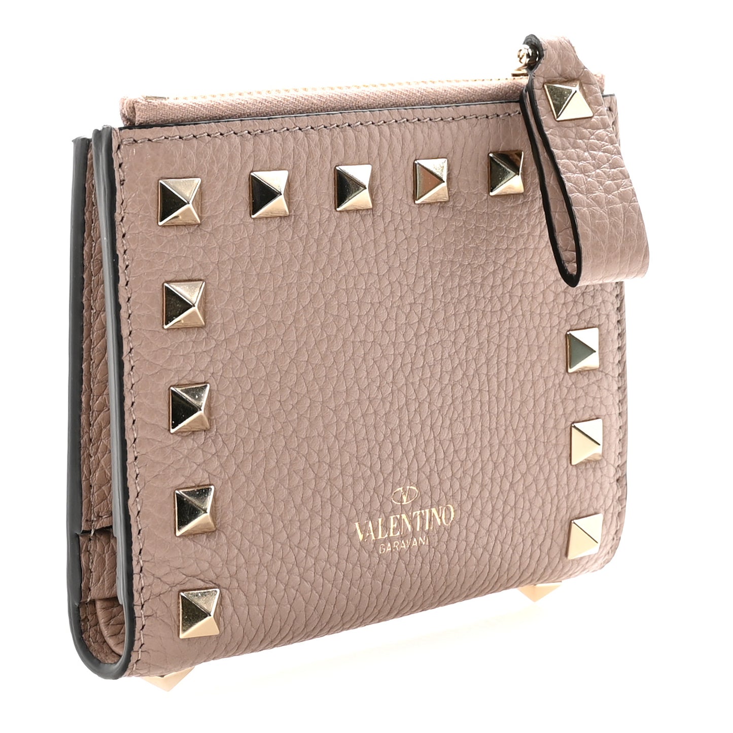 Grainy Calfskin Rockstud Coin Purse Card Holder Poudre