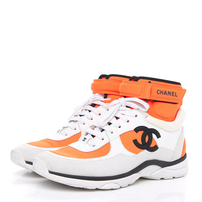 Chanel Suede Calfskin Lambskin Neoprene High Top CC Sneakers 40 White Fluo Orange 3 of 8