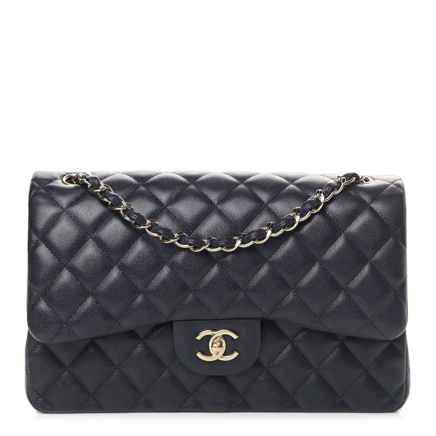 Caviar Quilted Jumbo Double Flap Navy Blue