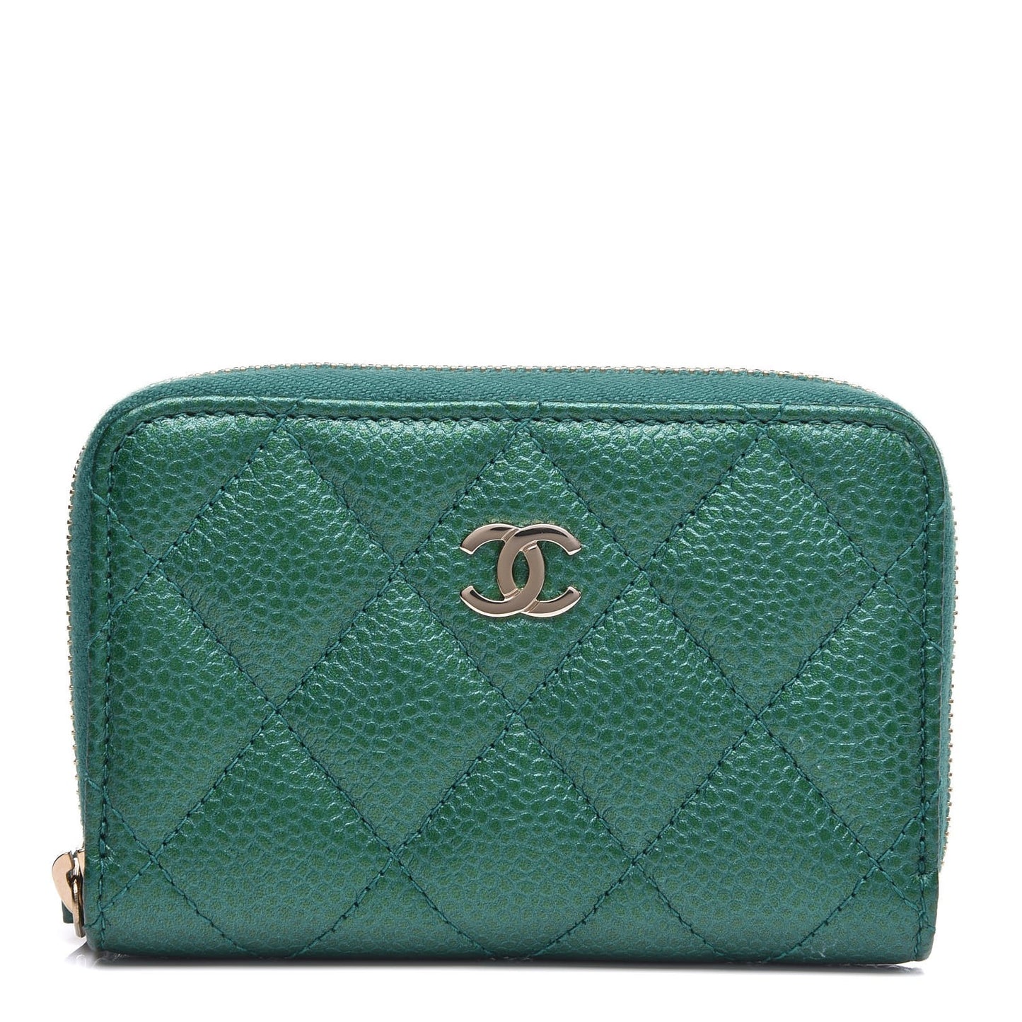 Metallic Caviar Quilted Zip Coin Purse Green