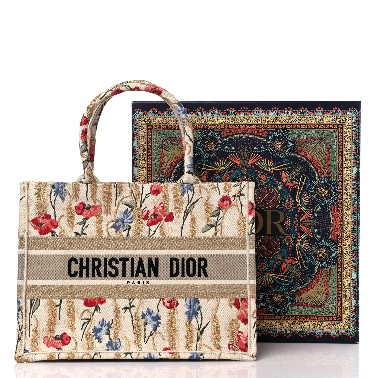 Canvas Embroidered Medium Hibiscus Book Tote Beige Multicolor