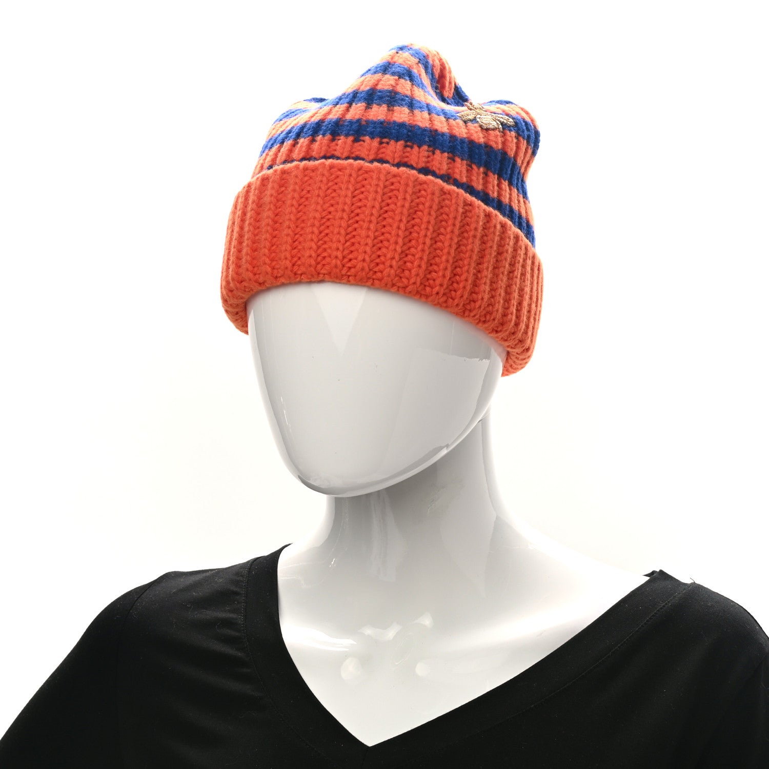 Gucci Wool Knit Bee Embroidered K2 Beanie Hat 58 Orange Blue 2 of 4