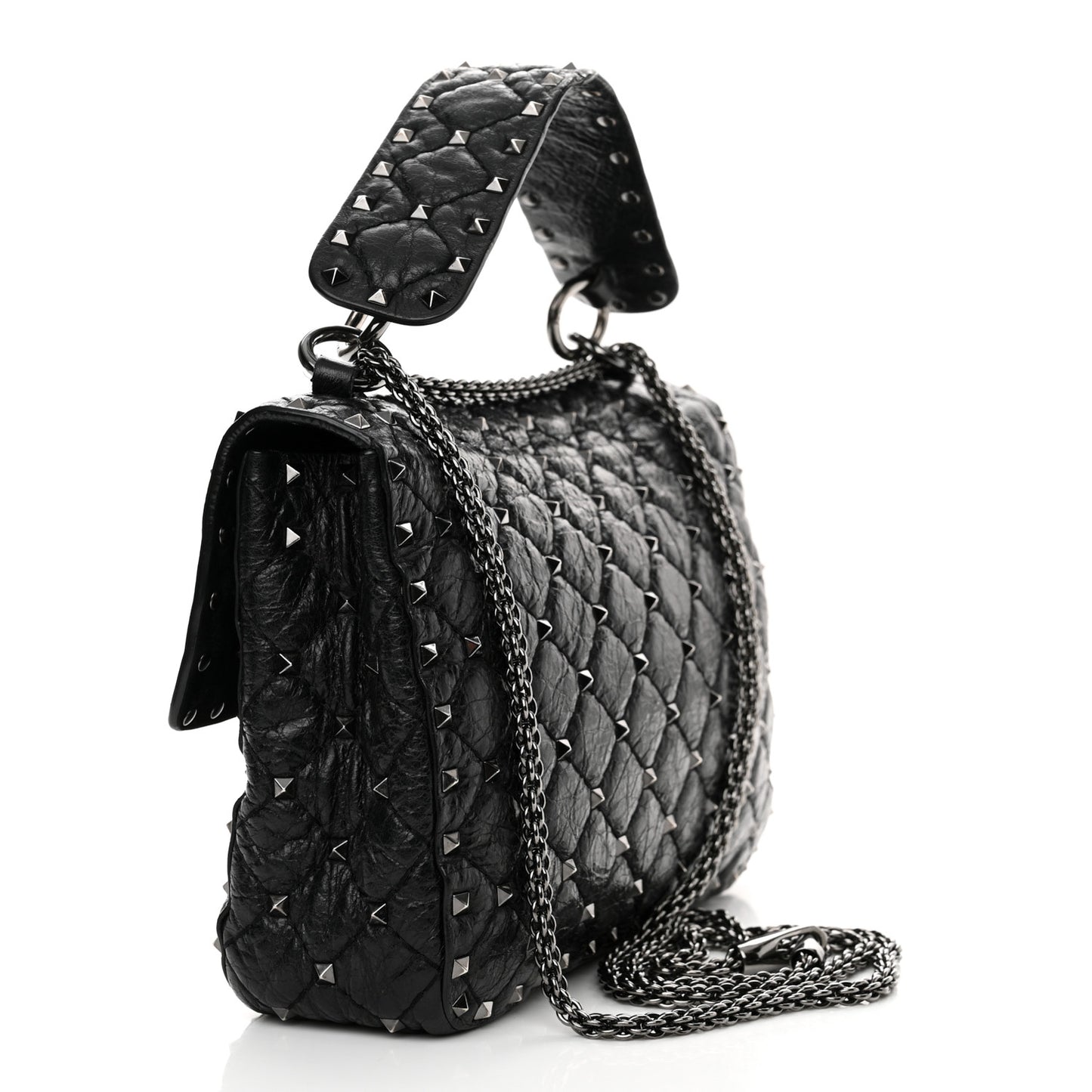 Craquele Nappa Medium Rockstud Spike Shoulder Bag Black