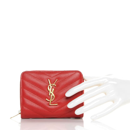 Saint Laurent Grain De Poudre Matelasse Chevron Monogram Compact Zip Around Wallet Red 2 of 12