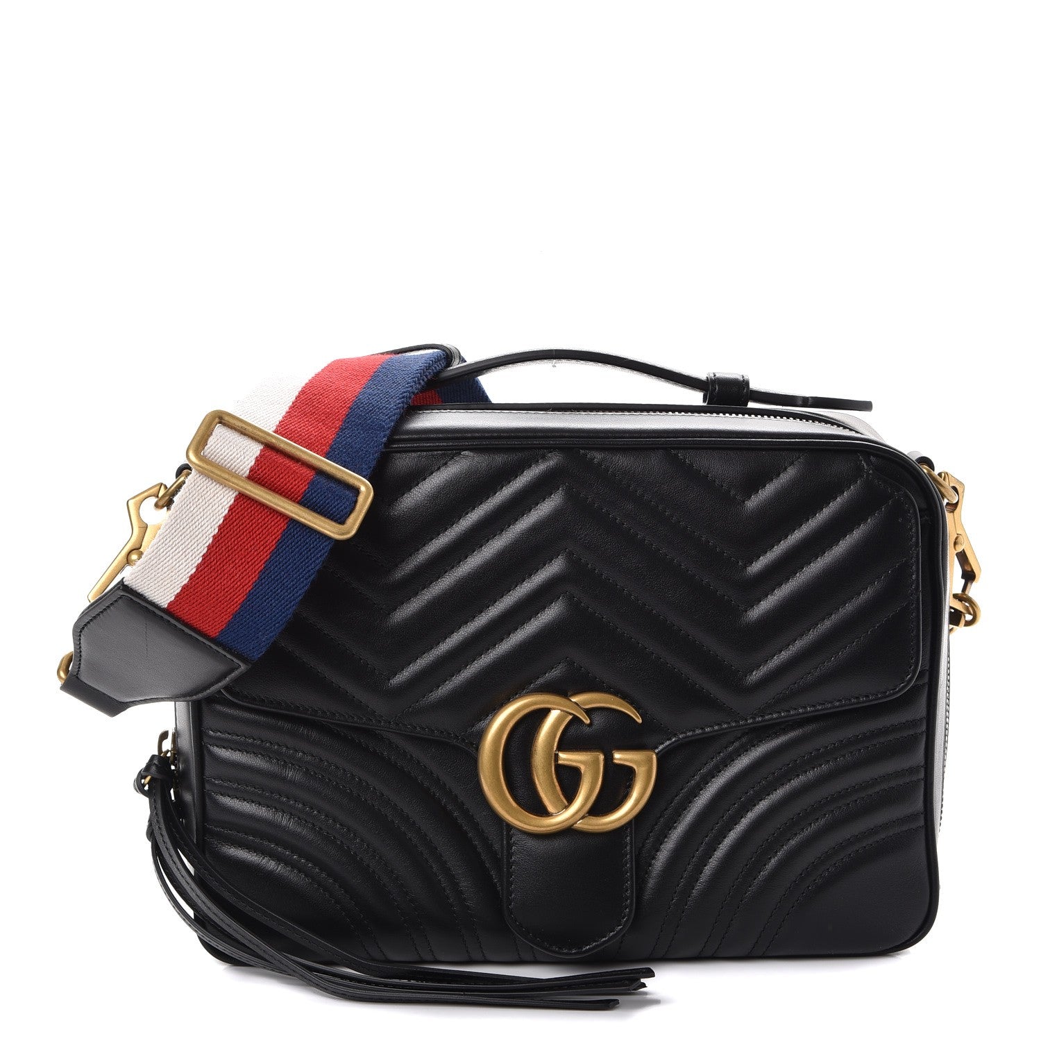 Gucci Calfskin Matelasse Sylvie Web Small GG Marmont Top Handle Shoulder Bag Black 1 of 8