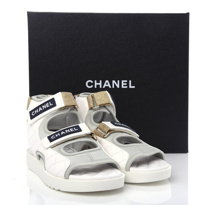 Chanel Goatskin Fabric Gladiator Sandals 37 White Light Grey Navy Blue 11 of 11