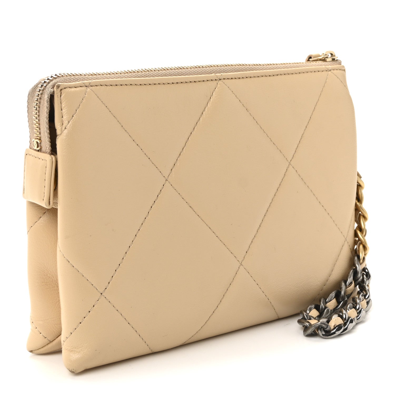 Chanel Shiny Goatskin Quilted Chanel 19 Small Pouch With Handle