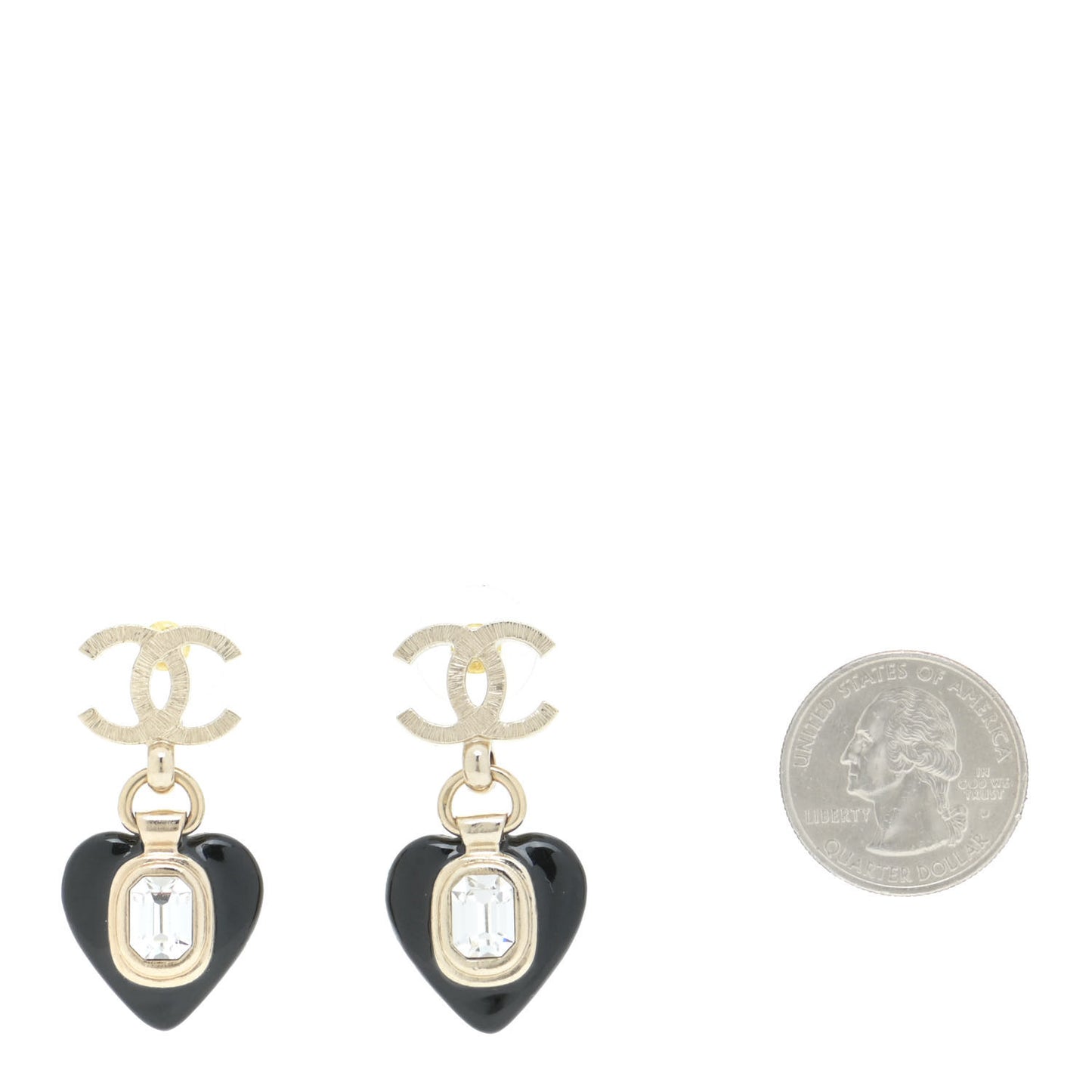Resin Crystal CC Heart Drop Earrings Black Gold