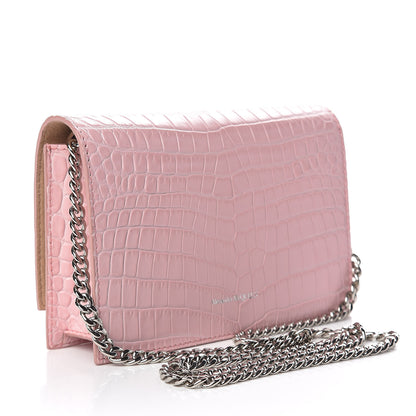 Alexander McQueen Calfskin Crocodile Embossed Skull Mini Crossbody Bag Pink 3 of 11