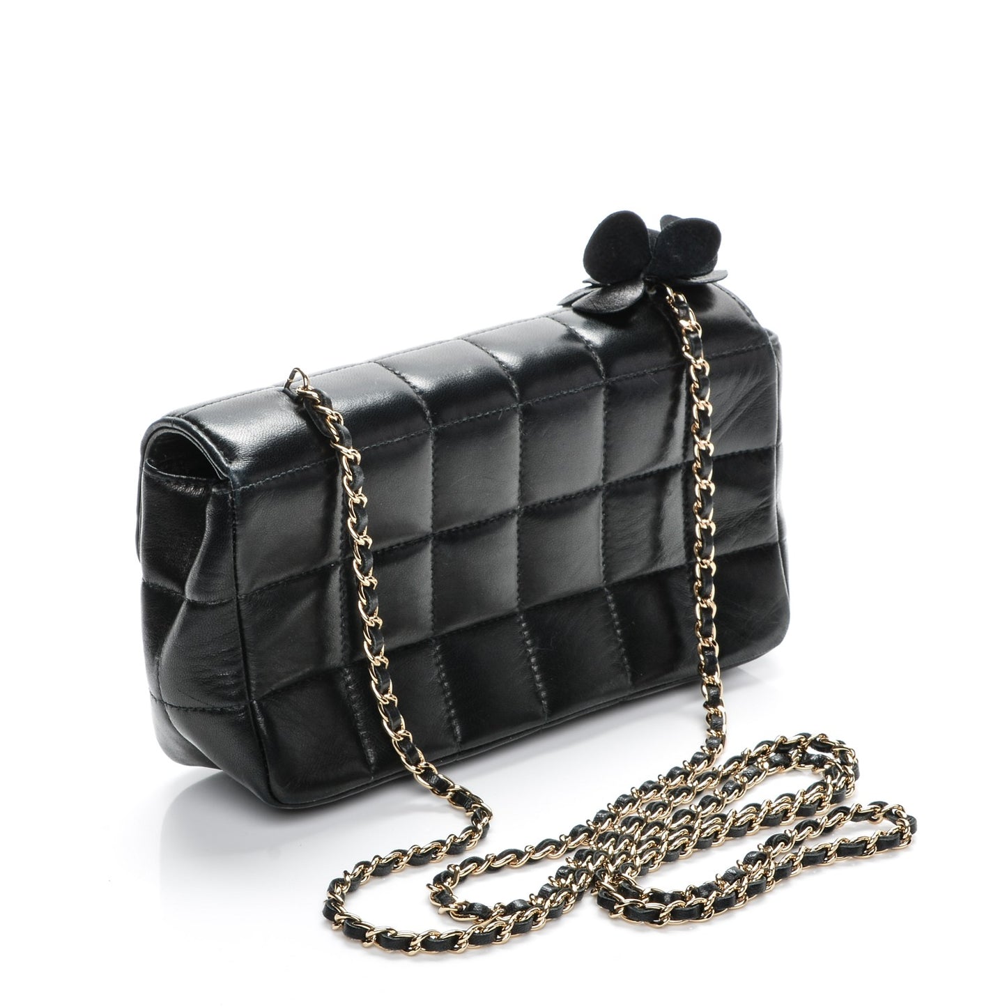 Lambskin Quilted Mini Chocolate Bar Camellia Flap Black