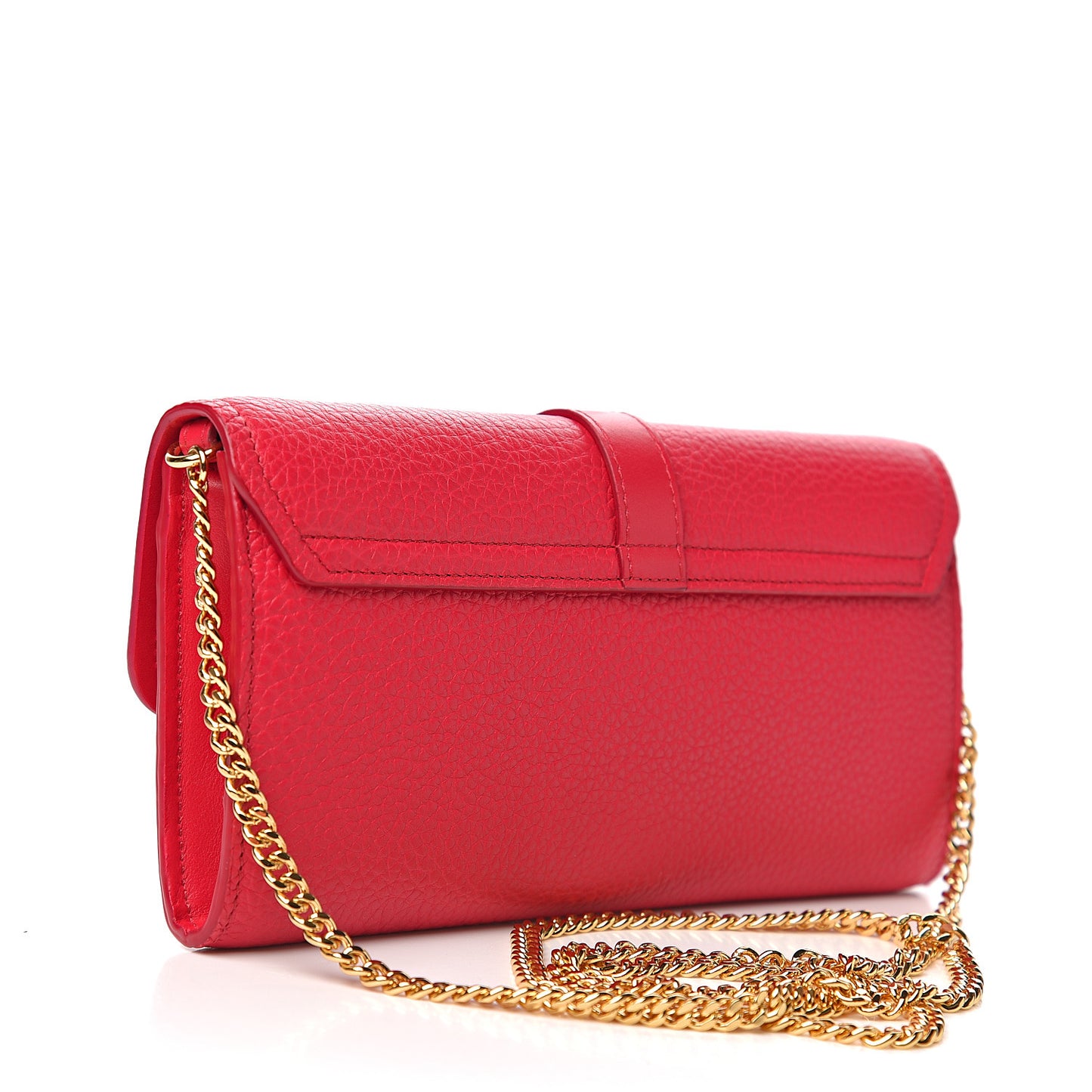 Shiny Grained Calfskin Aby Wallet on Chain Crimson Pink