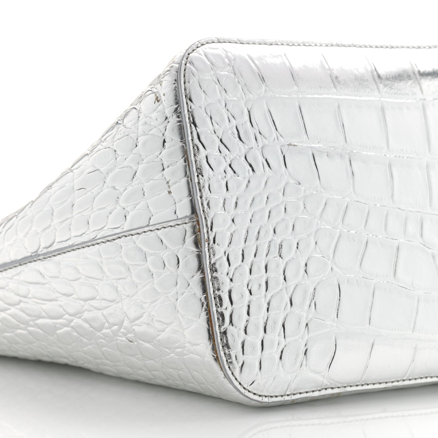 Metallic Calfskin Crocodile Embossed Wing Tote Silver