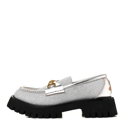 Gucci Mini Diamond Storm Silk Calfskin Womens Harald Horsebit 25mm Platform Loafers 38 Silver 1 of 11