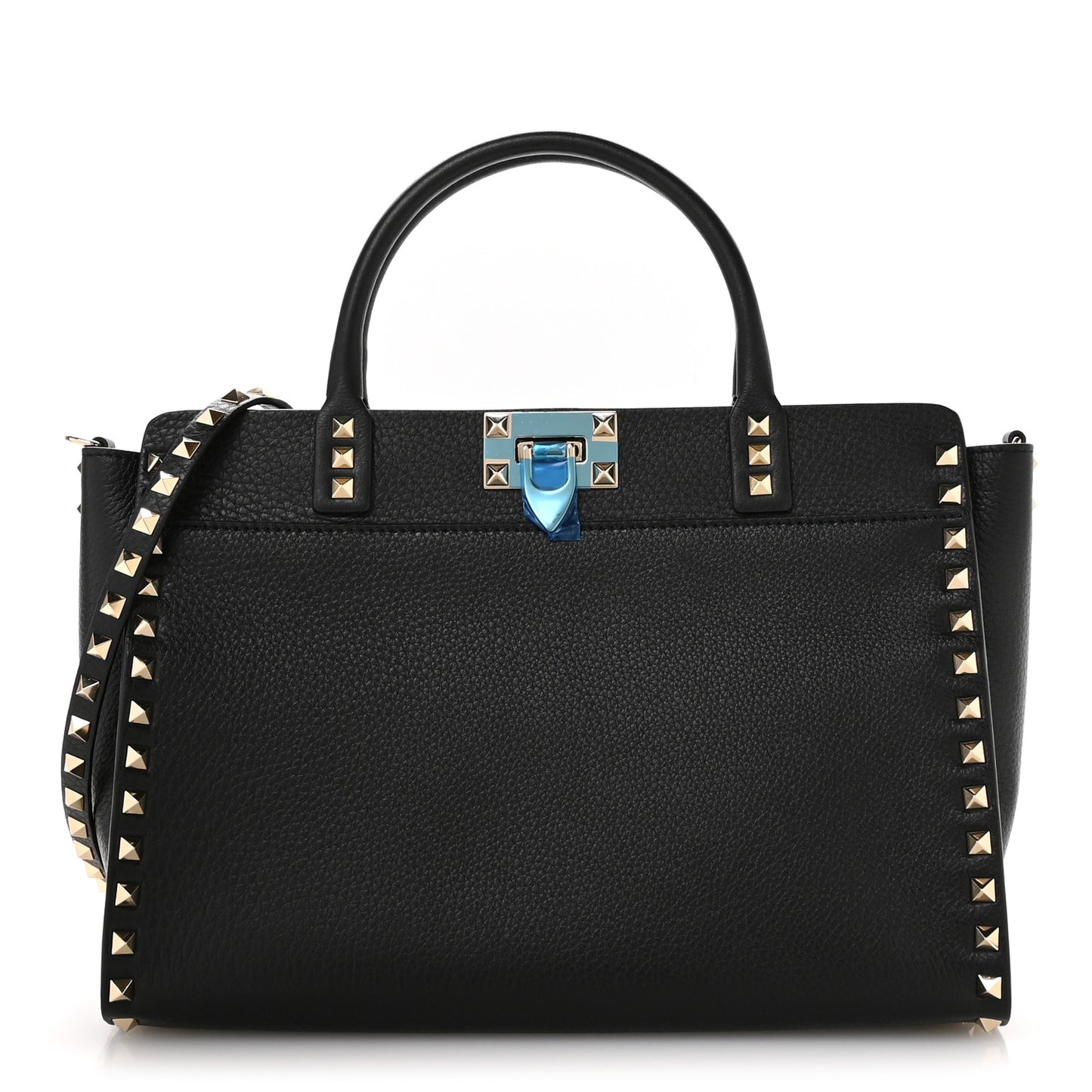 Pebbled Calfskin Rockstud Double Handle Tote  Black