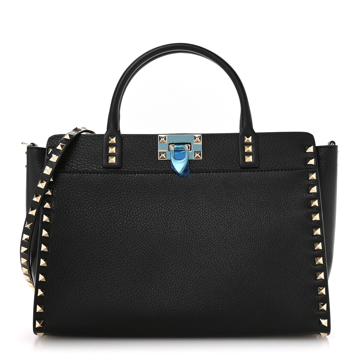 Valentino Garavani Pebbled Calfskin Rockstud Double Handle Tote  Black 1 of 9