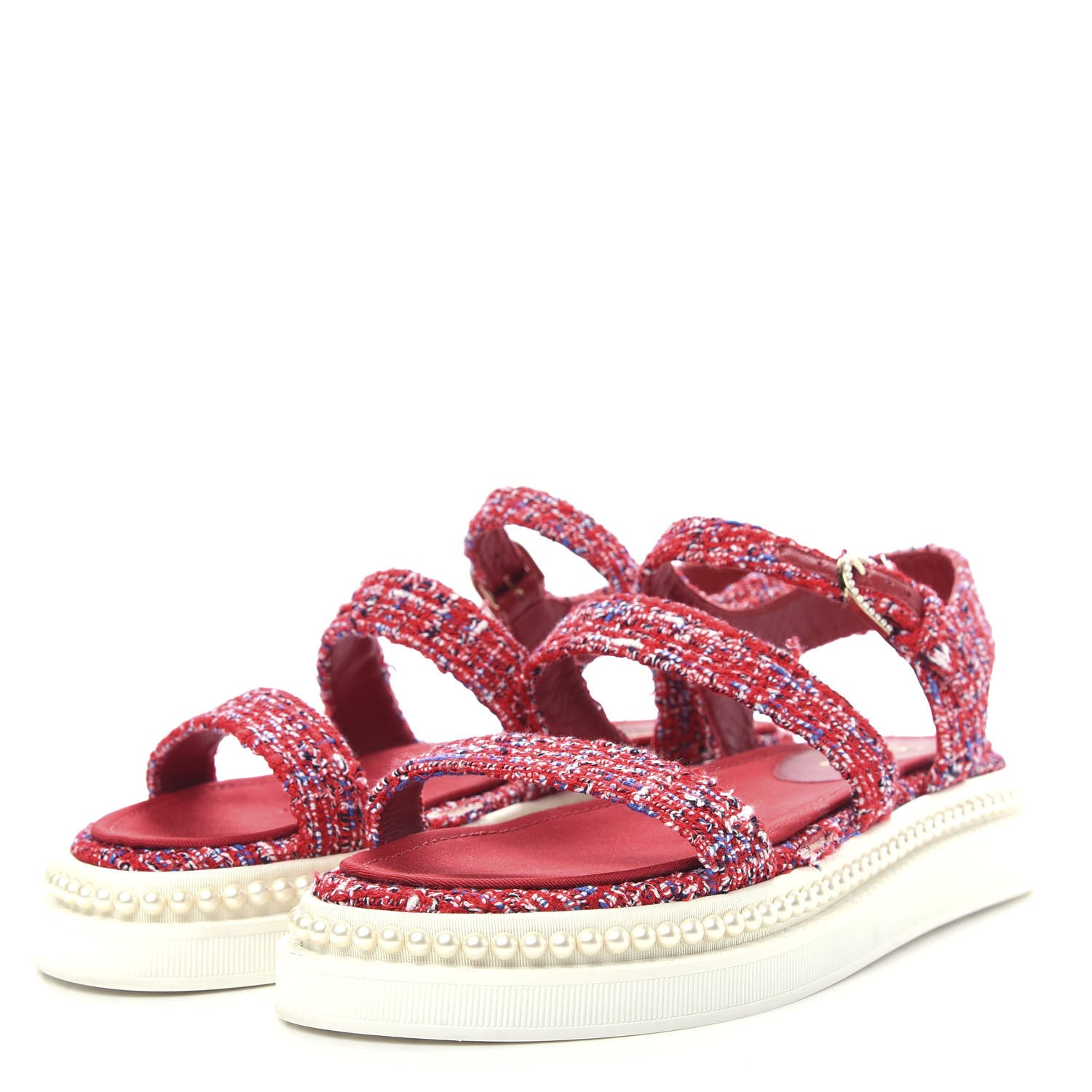Chanel Tweed Pearl Flat Sandals 36.5 Red 3 of 10
