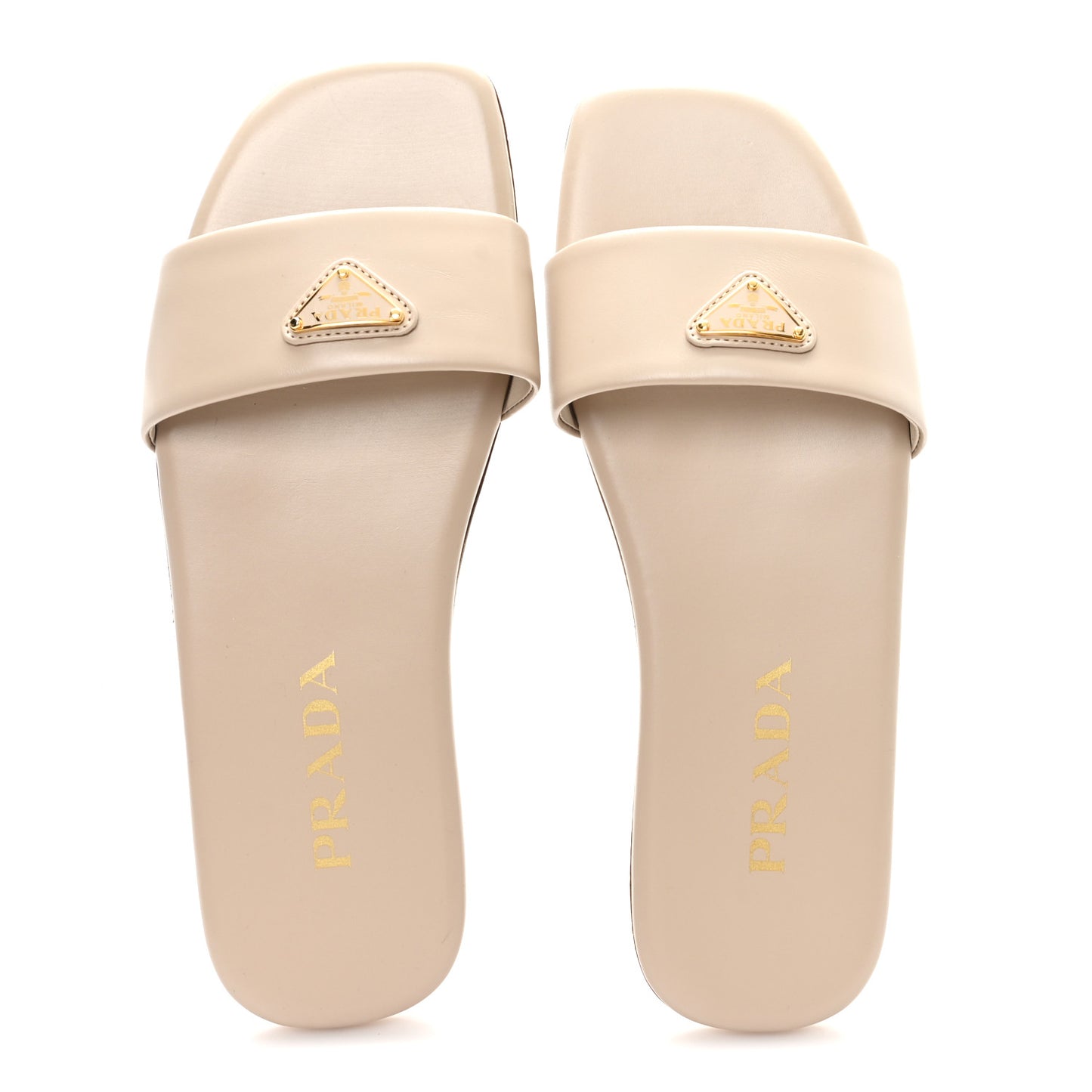 Nappa Metal Triangle Logo Flat Slide Sandals 35 Travertino