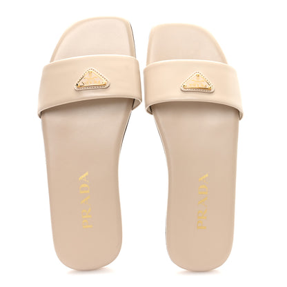 Prada Nappa Metal Triangle Logo Flat Slide Sandals 35 Travertino 2 of 9