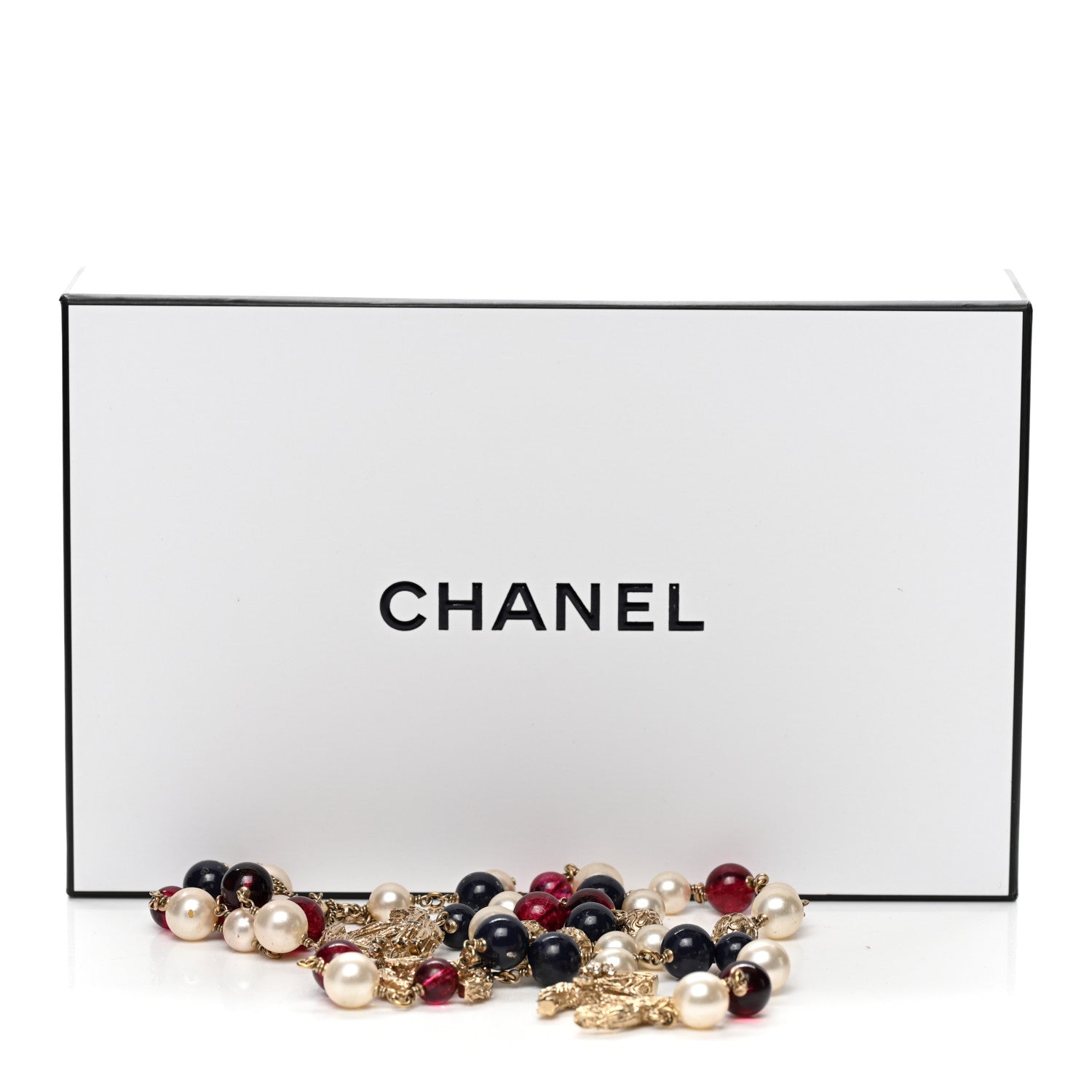 Chanel Beaded Pearl CC Long Strand Necklace Blue Red Gold 6 of 6