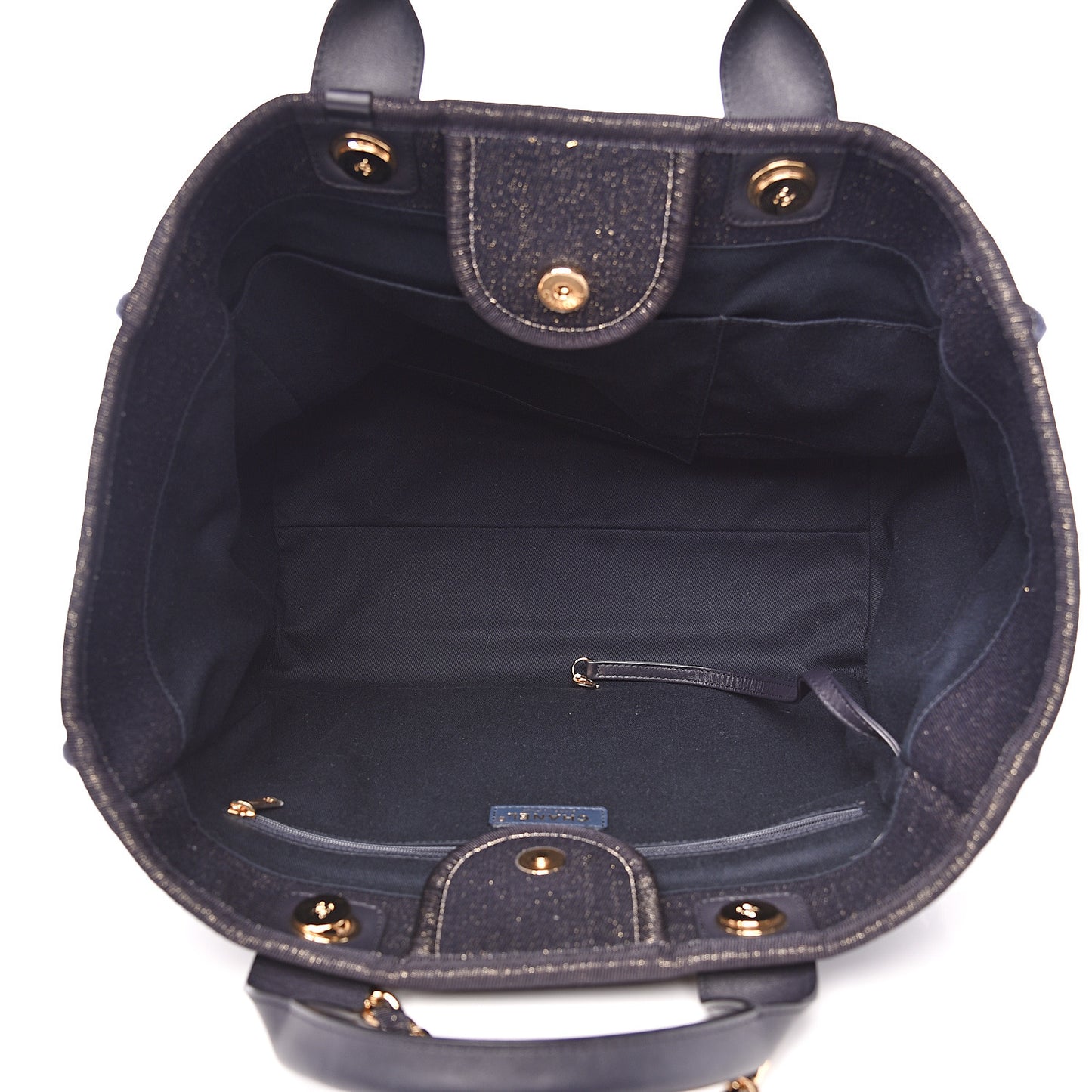 Lurex Canvas Medium Deauville Tote Navy Blue Gold