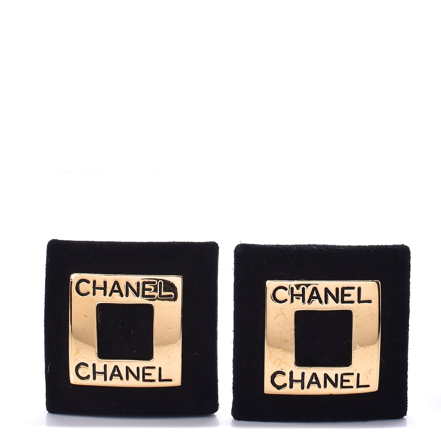 Chanel Suede Square Clip On Earrings Black Gold 1 of 4