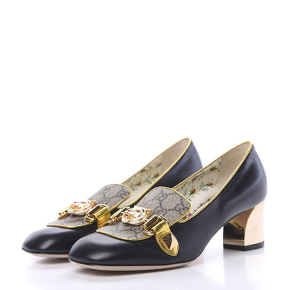 Gucci Malaga Kid Nappa GG Supreme Monogram Tiger Head Mid Heel Loafer Pumps 37 Black Oro Vecchio Beige 3 of 11