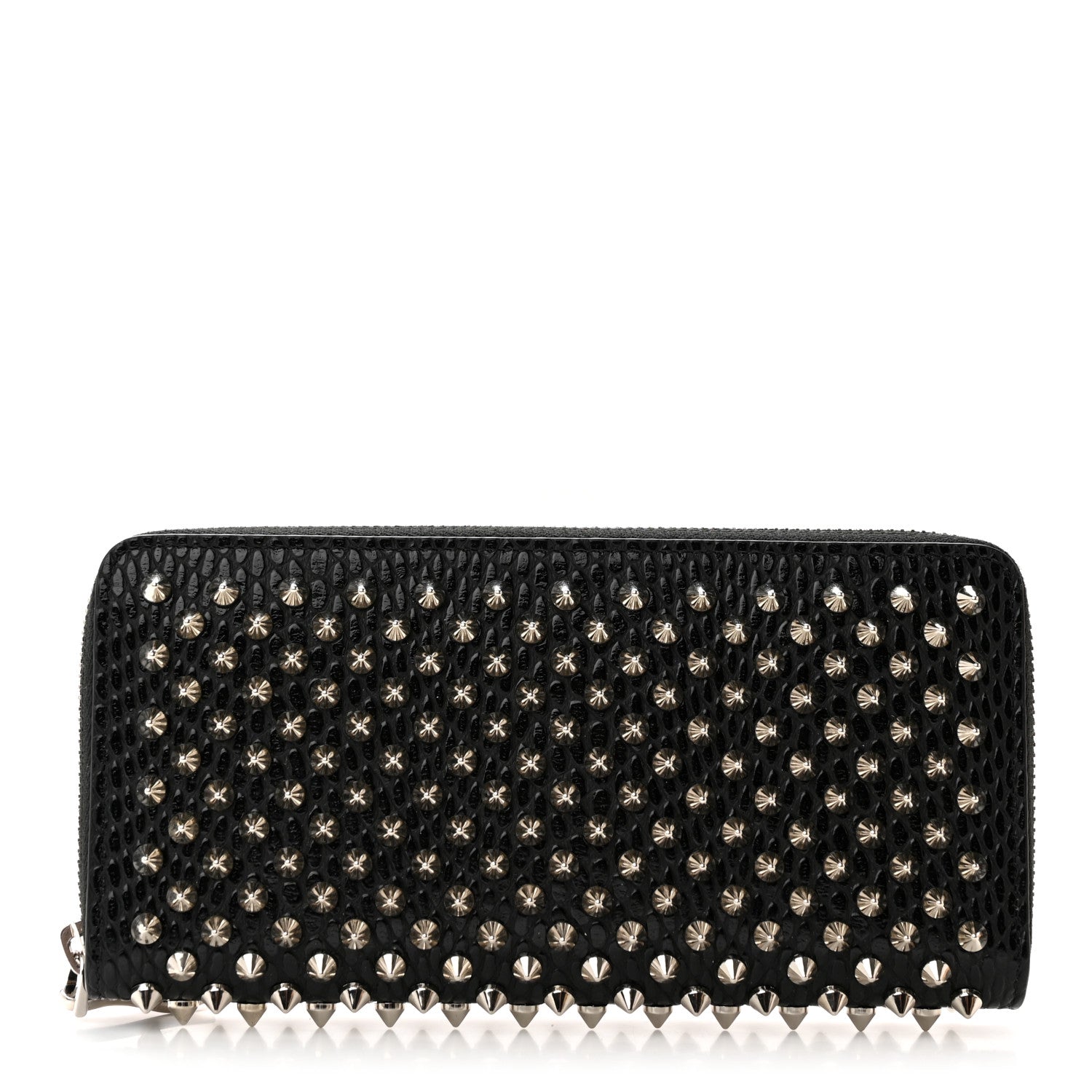 Christian Louboutin Calfskin Snakeskin Embossed Panettone Spiked Zip Around Wallet Black 1 of 11
