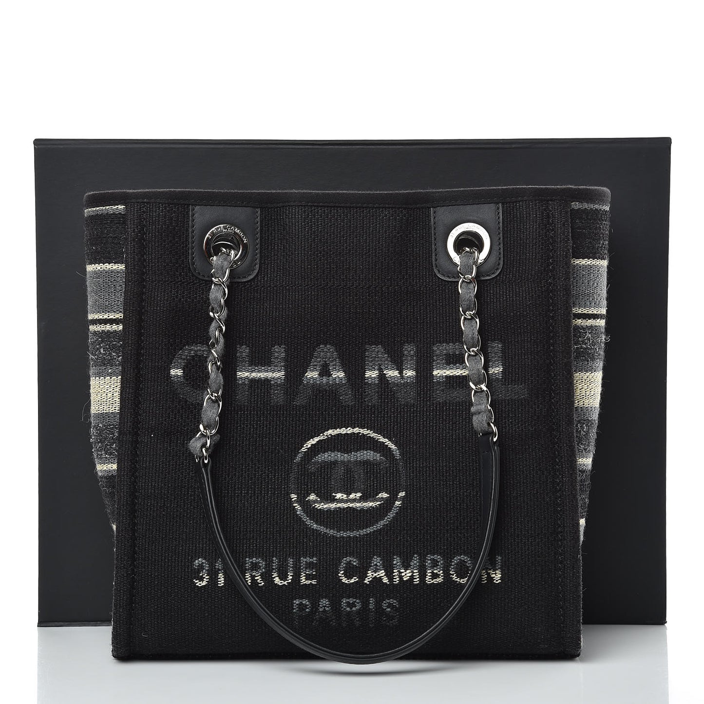 Striped Canvas Mini Deauville Tote Grey Black