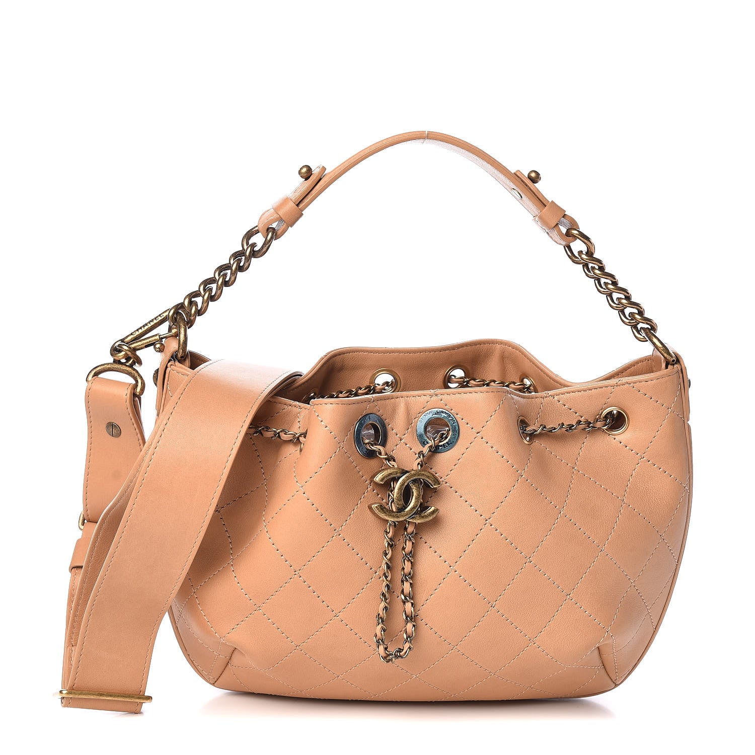 Chanel Calfskin Stitched Small Paris Rome Drawstring CC Bag Beige 1 of 10